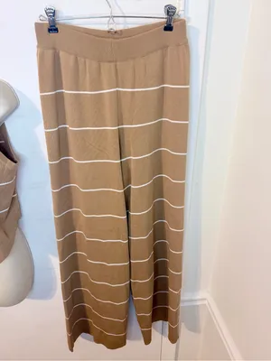 LA DIOSA L Khaki Stripe Knit Vest & Wide Leg Pants Set Gold Buttons NWT thumbnail 5