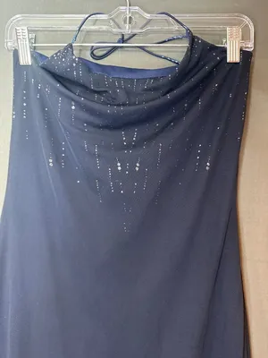 Vintage 90s Byer Too M Navy Rhinestone Halter Maxi Dress Cowl Neck Made USA thumbnail 2