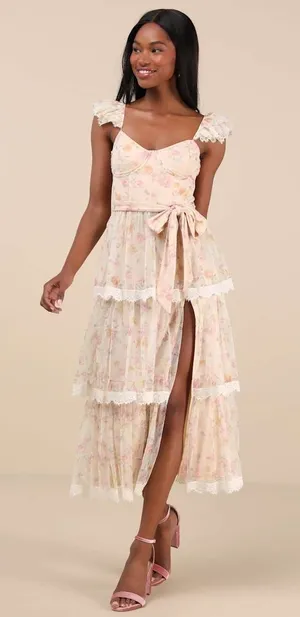 NWT Lulus Dolora Blush Floral Bustier Tiered Midi Dress Romantic Cottage Size S thumbnail 1