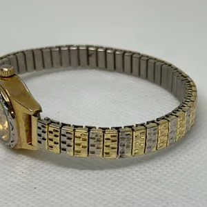 Women gold silver tone watch 20mm round case quartz analog stretch 6.5” running thumbnail 3