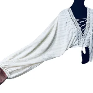 SheIn Boho Cream Lightweight Long Sleeve Top Lace Up Gauze With Crochet Trim Sz L thumbnail 7