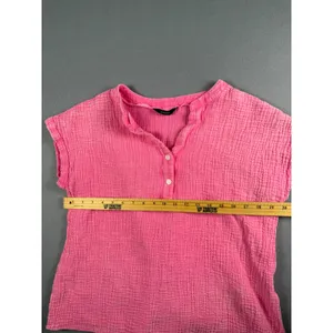 Dokotoo Womens Pink Cotton Gauze Henley Short Sleeve Crinkle Top Large L thumbnail 4