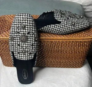 Black & White Houndstooth Embellished Slip-On Loafers thumbnail 1
