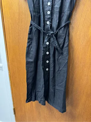 Quince 100% European Linen Button Front Short Sleeve Tie Midi Dress Black Small thumbnail 9
