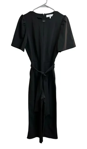 Lark & Ro Women's Puff Sleeve Split Neck Belted Crop Length Jumpsuit Black 6 thumbnail 1