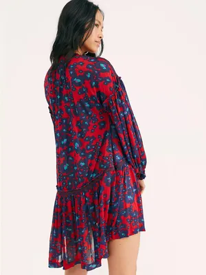 NEW Free People Red Floral Bohemian Keyhole Long Sleeve Mini Dress SMALL Tunic thumbnail 2