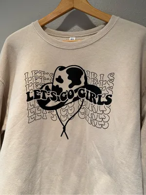 Let's Go Girls Graphic Sweatshirt Cow Print Cowboy Hat Cream Size Large thumbnail 2