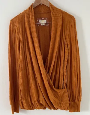 Anthropologie Maeve Surplice Ribbed Sweater Gold Medium‎ EUC thumbnail 1