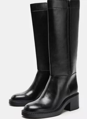 Zara $139 Faux Leather Black Boots Chunky Block Low‎ Rubber Heel Hunting Moto thumbnail 1