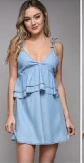 DO+BE Chambray Mini Dress Womens M Blue Tie Strap Ruffle Layered Boho Soft Girl thumbnail 1