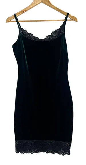 Windsor Velvet Lace Trim Mini Bodycon Dress Forest Green Whimsigoth Size M thumbnail 1