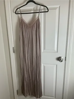 H&M Taupe Pleated Slip Maxi Dress with Lace Trim Sz S thumbnail 2