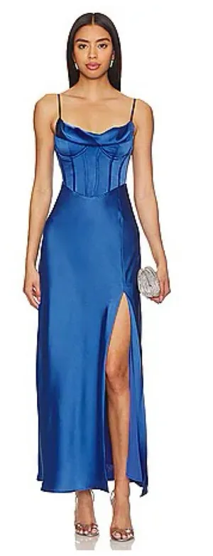 ASTR the Label Cannes Blue Satin Corset Maxi Dress Medium Wedding Guest Bustier thumbnail 1