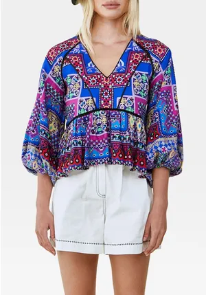 Hunter Bell Women Grayson Linen Patchwork V-Neck Top Medium Blue Mosaic Peplum thumbnail 1