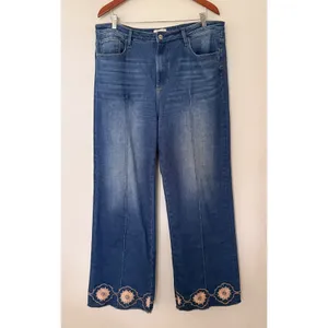 Driftwood Margo Floral Embroidered Wide Leg Seam Jeans Medium Wash Denim 34/29 thumbnail 2