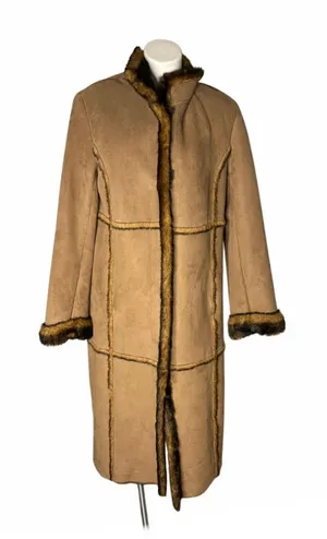 Faux Suede Coat Plush Vegan Fur Panel Stitching Fits Size Medium Y2K VINTAGE thumbnail 1