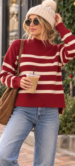 La Miel Red & Cream Striped Dolman Sleeve Preppy Mock Neck Sweater Small New thumbnail 1