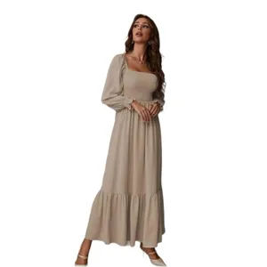 Khaki Smocked Maxi Dress Large Boho Square Neck Ruffle Hem Festival thumbnail 14