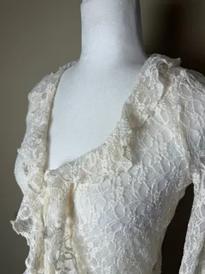 Thirty/Thirty LA Sheer Cream Lace Tie Front Ruffle Top Size XS thumbnail 2