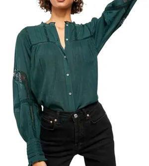 Free People Emma Eyelet Lace Long Sleeve Button Down Shirt Green Cotton Boho thumbnail 1