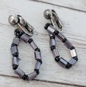 Vintage Clip On Earrings Mauve and Black Dangle thumbnail 1