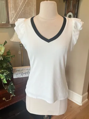 Women's off White V-Neck Ruffle Sleeve Top with Black Trim thumbnail 1