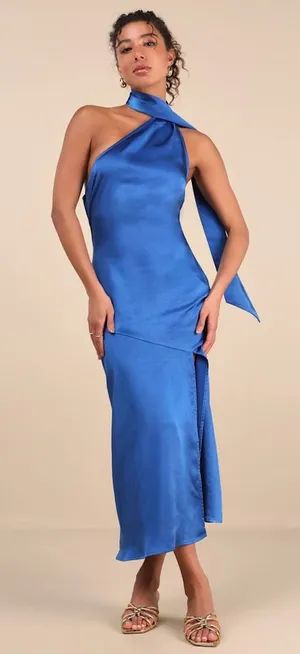 Lulus Reglan Blue Satin One-Shoulder Sash Midi Dress Bridesmaid Holiday Small thumbnail 1