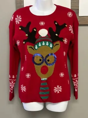 United States Sweater Red Christmas Crewneck Sweater with Reindeer & Bells-Small thumbnail 1