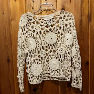 VTG Crochet Lace Top Boho Long Sleeve Shirt Ivory‎ Cream One Size thumbnail 2