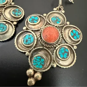 Vintage Silver-tone Turquoise & Coral Tibetan Style Flower Dangle Earrings 22g. thumbnail 11