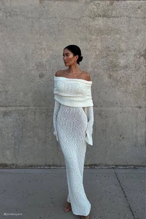 Meshki Off-The-Shoulder Dress Boucle Cream Maxi Dress thumbnail 3