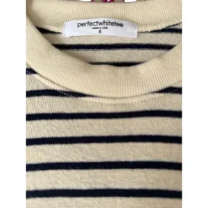 PerfectWhiteTee Striped Cotton T-Shirt Dress Small Cream Navy Short Sleeve USA thumbnail 2