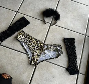 Leopard print bikini bottoms with fishnet accessories Multiple thumbnail 1