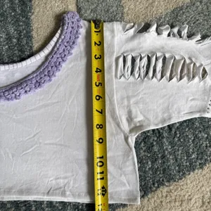 White Cropped Flirty T-Shirt Crochet Neck Trim Shredded Sleeves Festival Rave thumbnail 6