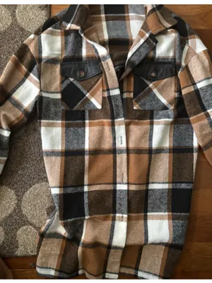 SHEIN Brown White Black Plaid Button-Down Shirt Jacket thumbnail 2