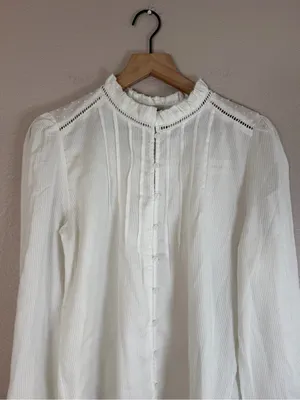Quince Organic Textured Cotton Peasant Blouse in White size Large $158 thumbnail 11