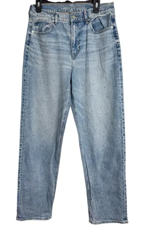 American Eagle Strigid Curvy Embellished Bling Super High Waist Baggy Straight Jeans sz 10L thumbnail 1