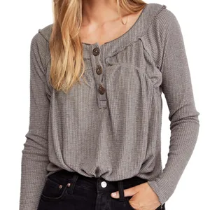 Free People Must Have Henley Top Waffle Knit Long Sleeve Shirt Size Small Grey thumbnail 2