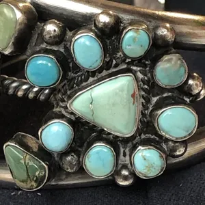 Navajo Indian 70 grams Sterling Silver Turquoise Cluster Bracelet Signed thumbnail 7