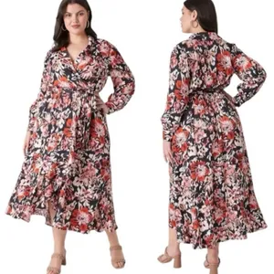 Lane Bryant Maxi Dress Faux Wrap Shawl Black Pink Floral Satin Women’s Size 18 thumbnail 14