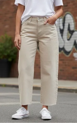 MANGO MNG Denim Rachel High Rise Loose Fit Crop Barrel Jeans - Beige US 12 thumbnail 1