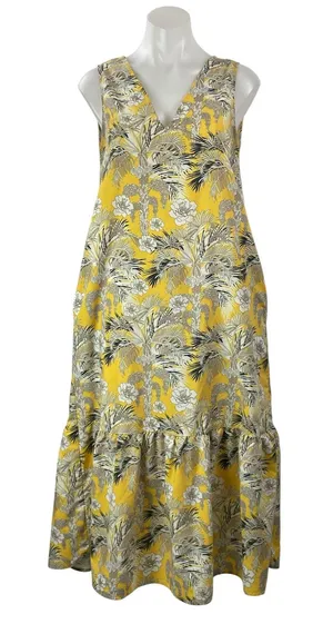 MNG Mango Yellow Floral Sleeveless V Neck Drop Waist Ruffle Midi Skirt Size 4 thumbnail 1
