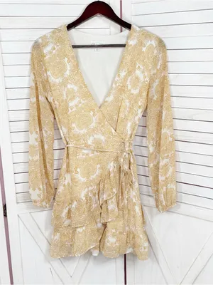 Jun‎ & Ivy by Francesca's Floral Boho Ruffle Wrap Mini Dress Yellow Cream Small thumbnail 8