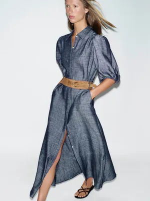 ZARA Blue Puff-Sleeve Maxi Shirt Dress with Belt thumbnail 2