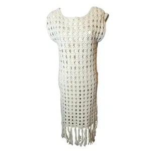 Eleven Six Shaya Crochet Midi Dress w/ Fringe Ivory Cotton Resort Wear Old Money thumbnail 13