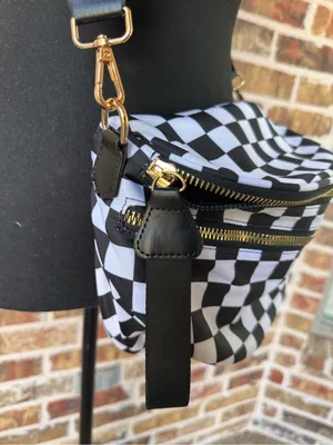 Black & White Checkered Sling Crossbody Bag – Adjustable Strap Gold Hardware thumbnail 4