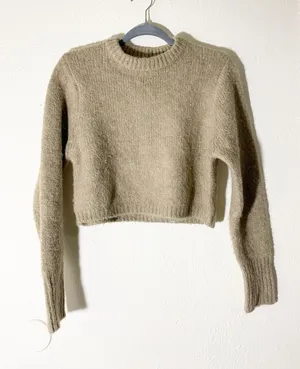 ZARA Beige Solid Knit Crew Neck Cropped Sweater S thumbnail 1