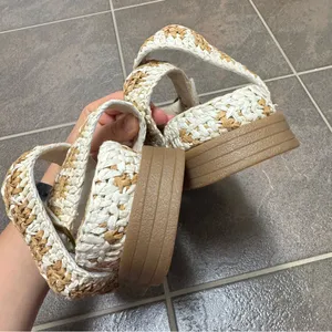 Free People FP Roma Raffia Slip On Ankle Strap Platform Sandals Tan White 8 thumbnail 10