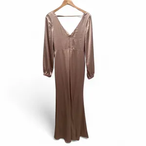 Revelry Vera Satin Bridesmaid Dress Long Sleeve Champagne Taupe Sz 8 Formal Gown thumbnail 3