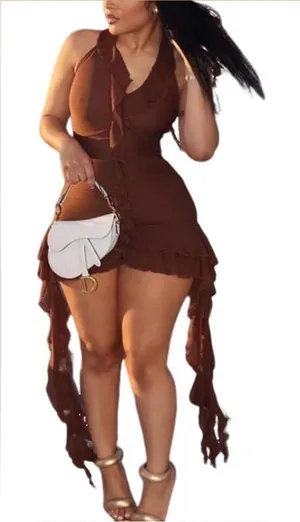 Women’s Brown Ruffle Halter Mini Dress thumbnail 1